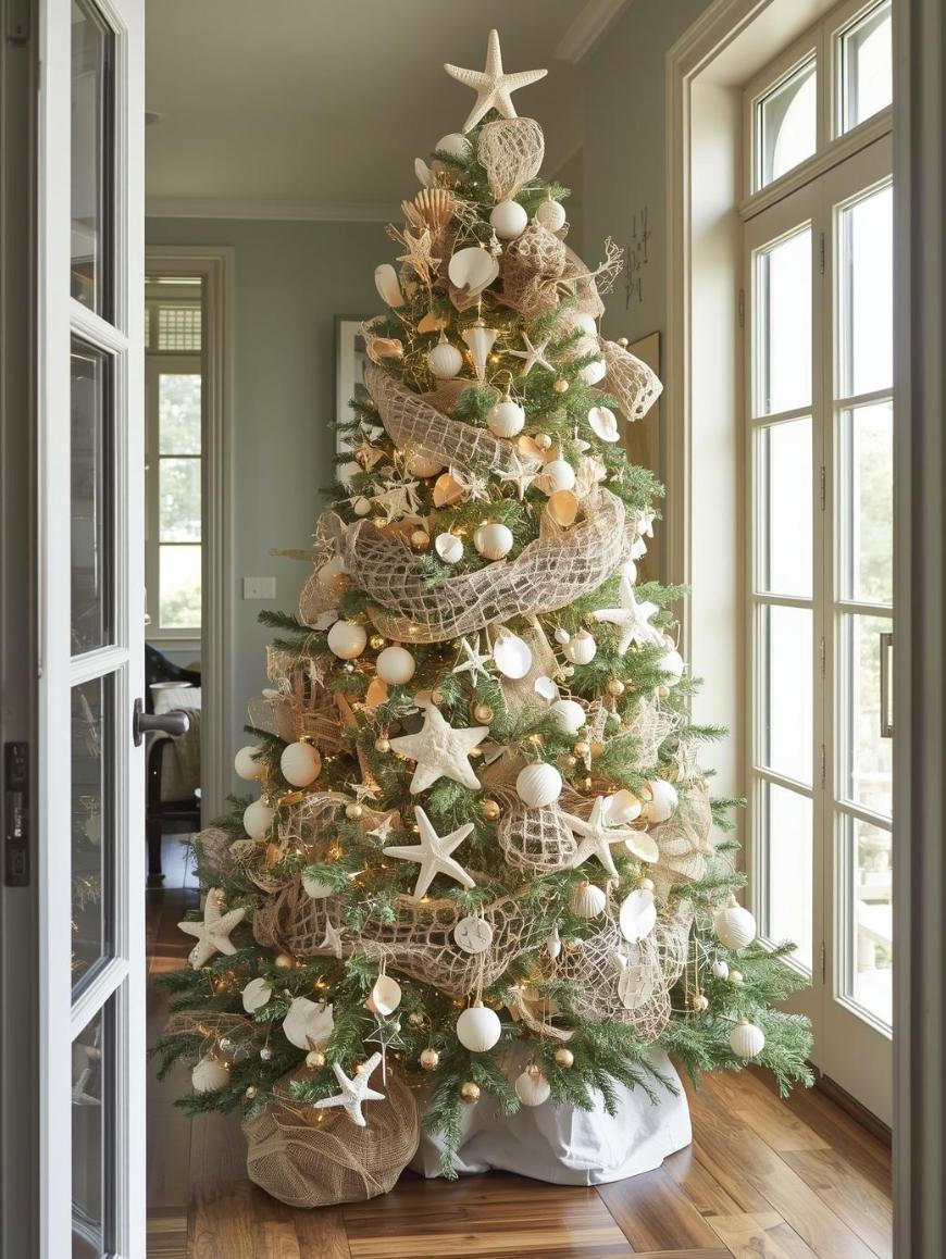 A Christmas tree decorated with white and beige ornaments, starfish, seashells, netting, and soft lights, standing by large windows in a bright, coastal-inspired room.