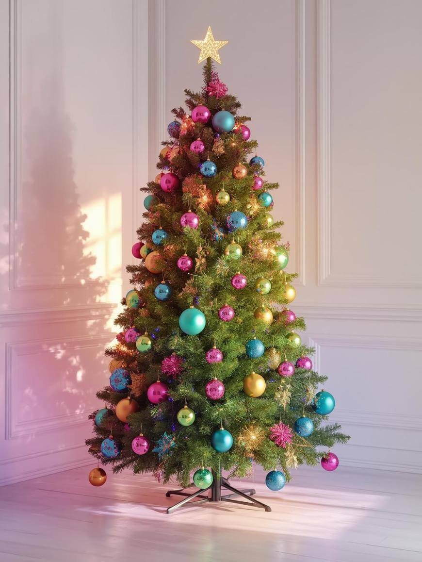 A decorated Christmas tree with a glowing star on top, covered in colorful ornaments such as pink, blue, yellow, and orange balls, standing in a bright, sunlit room with white walls and wooden flooring.