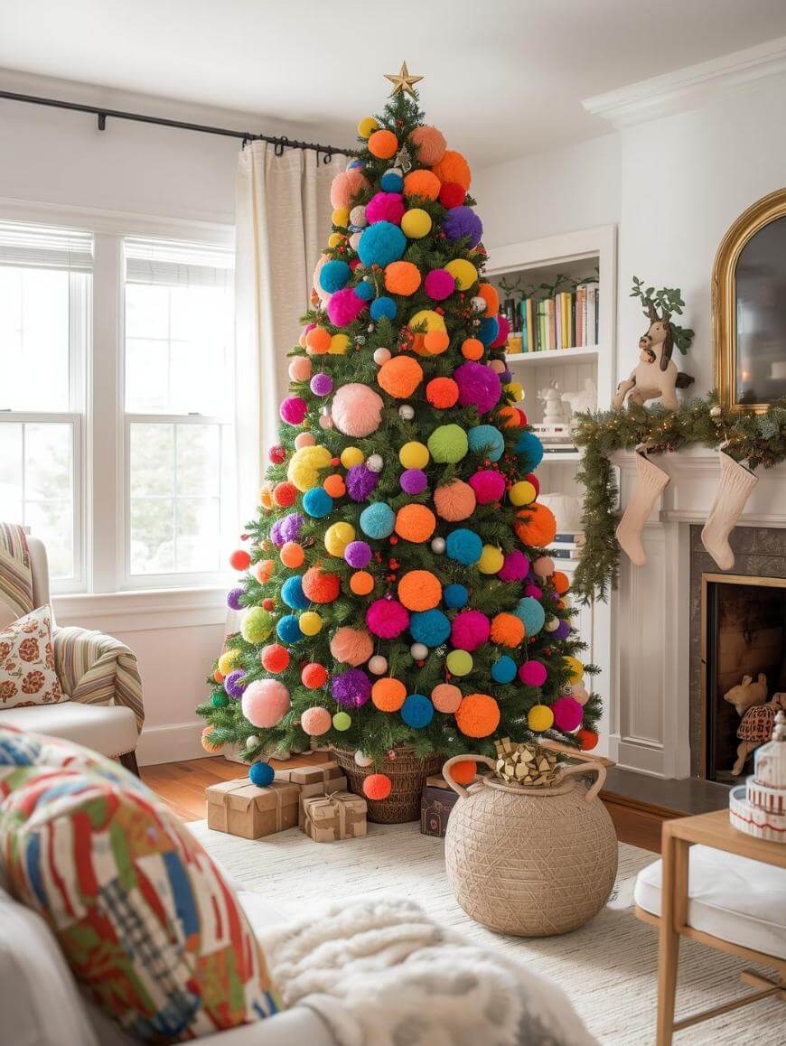 A Christmas tree decorated with large, colorful pom-poms stands in a bright living room near a fireplace adorned with stockings and garland. Wrapped gifts sit under the tree, and cozy decor fills the space.
