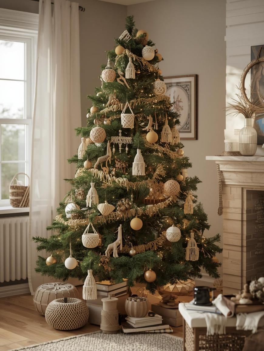 A decorated Christmas tree stands in a cozy living room, adorned with gold and neutral ornaments, macramé decorations, and animal figurines. Soft natural light filters in, and wrapped gifts sit at the base of the tree.