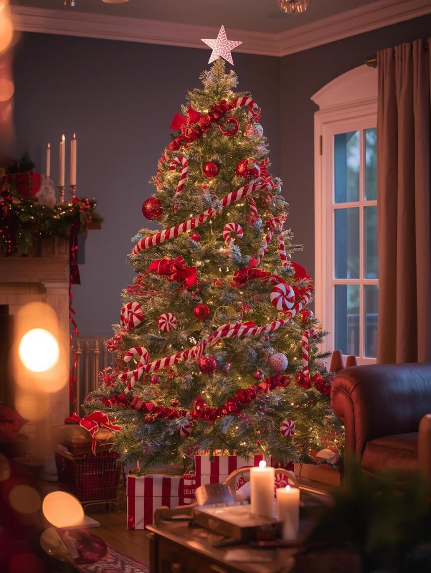 A Christmas tree decorated with red ornaments, ribbons, and candy cane garlands stands in a cozy living room. Wrapped gifts are under the tree, and candles are lit on a nearby table. Warm lights add a festive glow.