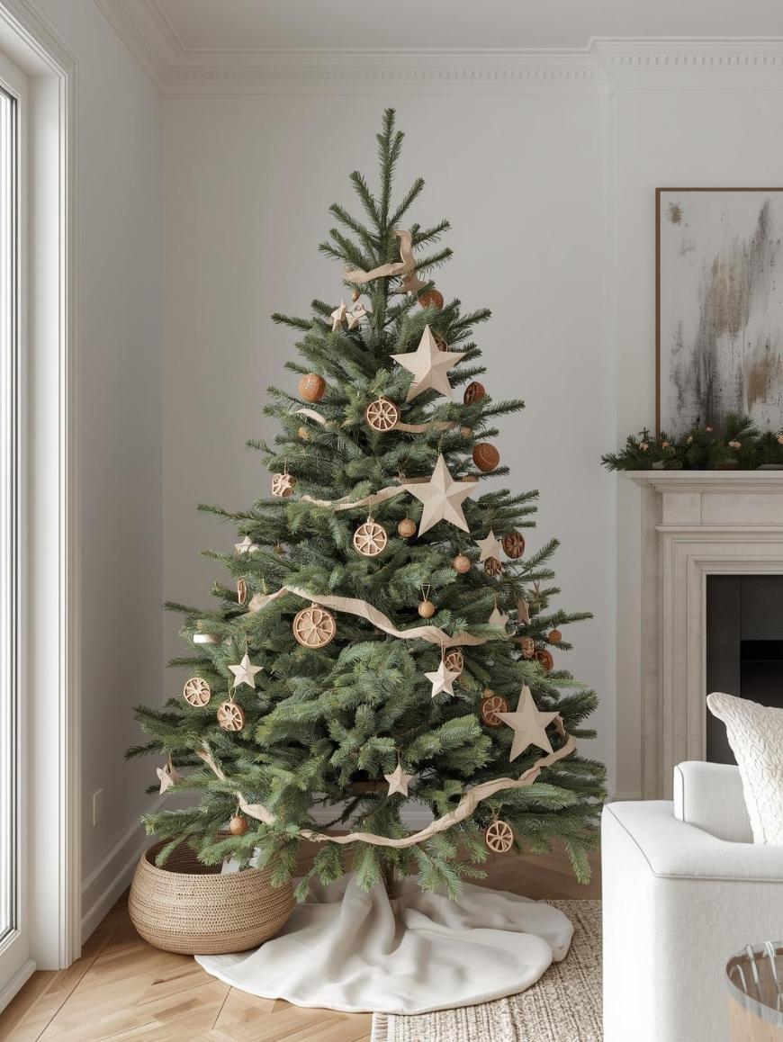 A Christmas tree decorated with wooden stars, dried orange slices, and garlands stands in a bright living room near a fireplace, with a white tree skirt and a woven basket at its base.