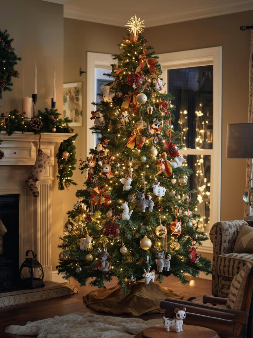 A decorated Christmas tree with gold lights, red and gold ribbons, and animal ornaments stands by a window with string lights in a cozy living room near a fireplace and a striped armchair.