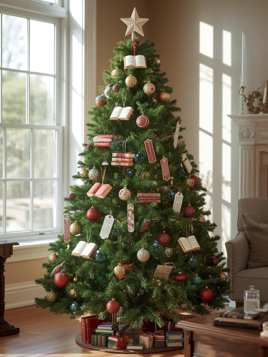 A decorated Christmas tree stands in a sunlit living room, adorned with ornaments, miniature books, bookmarks, and a star topper. Wrapped books are placed underneath the tree next to a sofa and large windows.