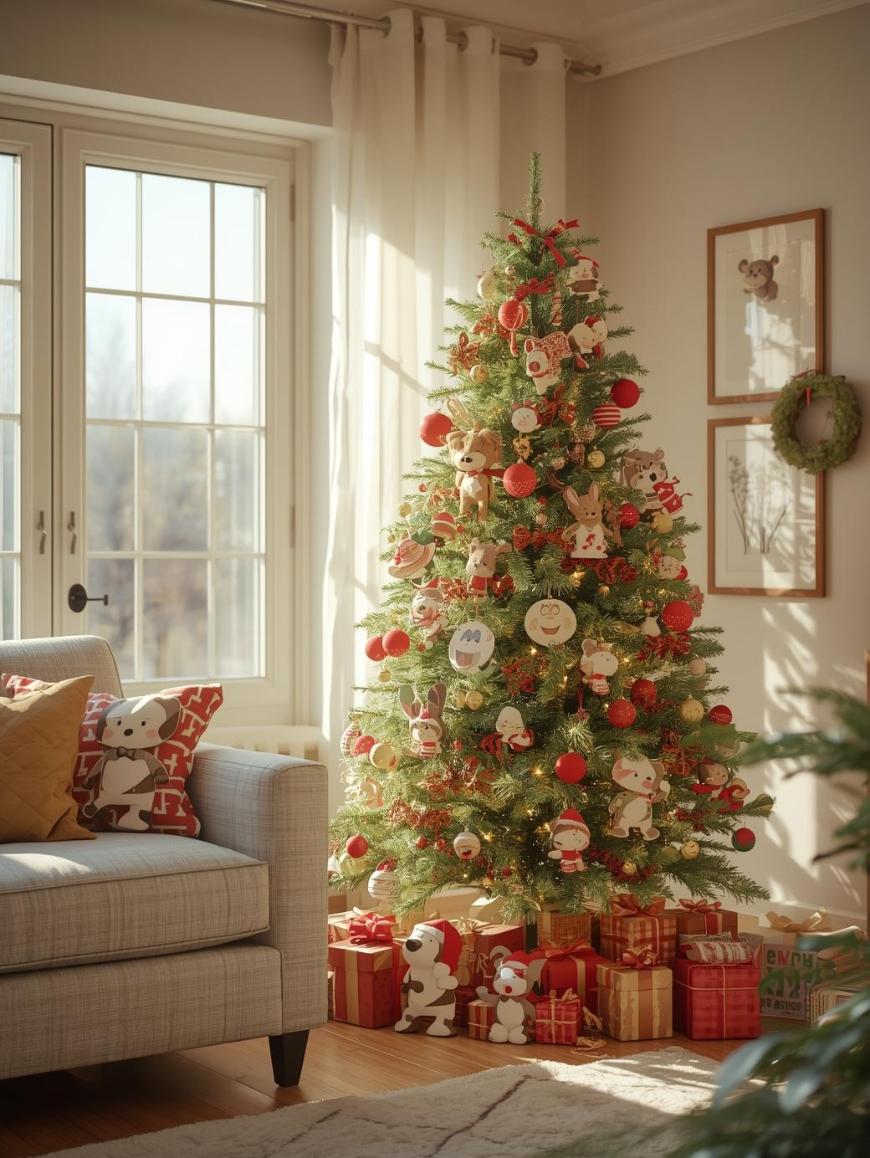 A decorated Christmas tree with red and white ornaments stands by a window, surrounded by wrapped gifts. A beige sofa with festive pillows and framed animal pictures are visible in a cozy, sunlit living room.