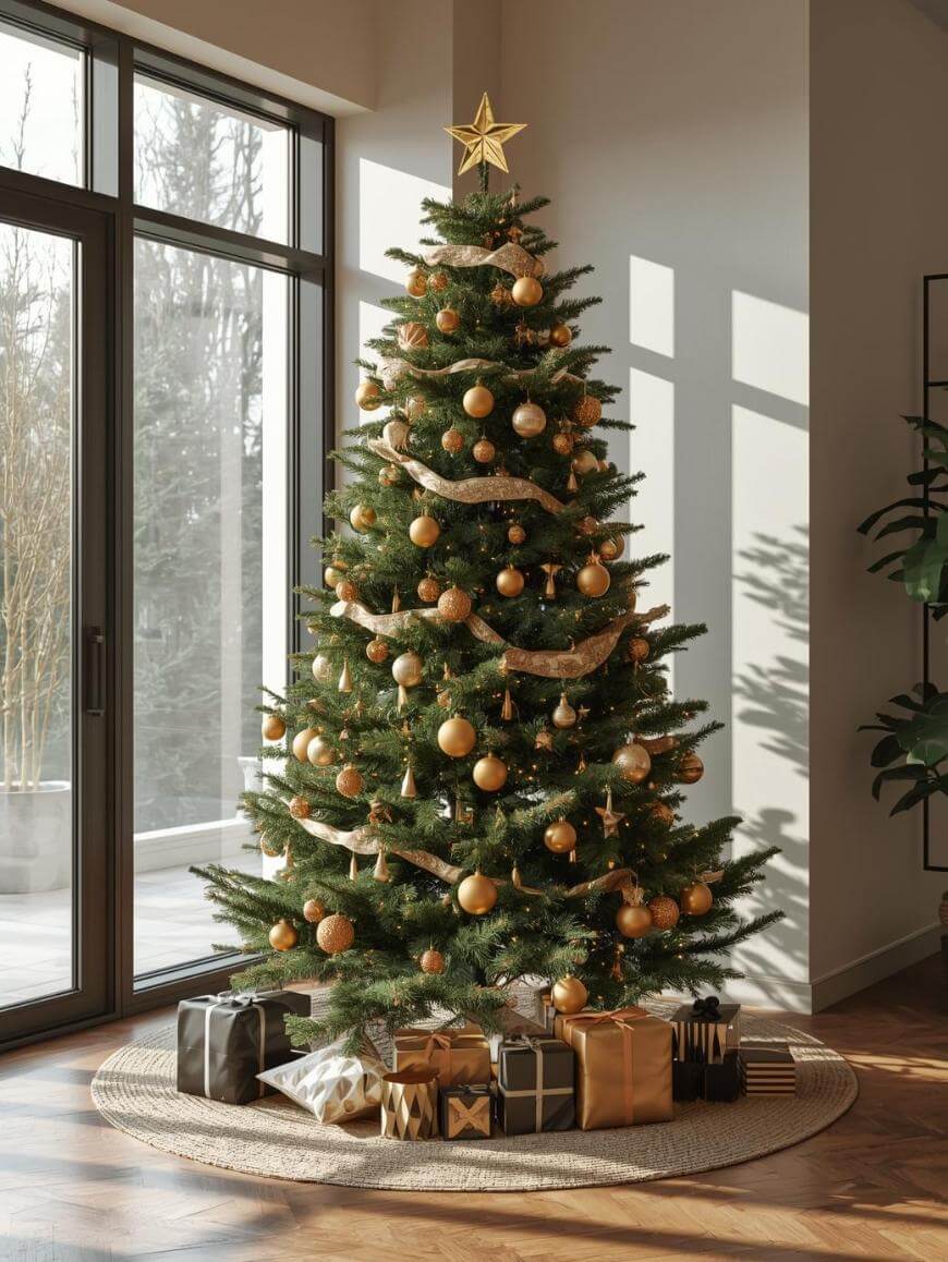 A Christmas tree decorated with gold ornaments, ribbon, and a star topper stands on a round rug by large windows with wrapped gifts underneath. Sunlight streams into the modern room.