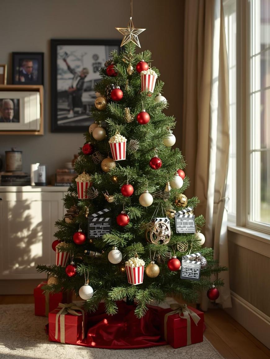 A Christmas tree decorated with red, gold, and white ornaments, film reels, clapperboards, and popcorn containers, surrounded by red gifts, stands near a sunlit window in a cozy living room.