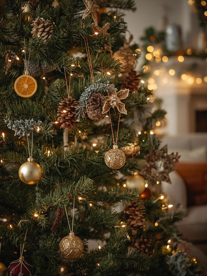 A Christmas tree decorated with gold ornaments, pinecones, dried orange slices, and twinkling string lights, with a cozy, softly lit room in the background.