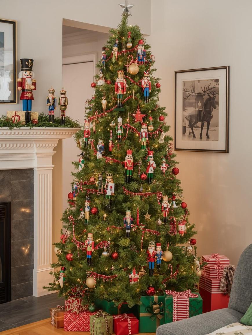 A Christmas tree decorated with nutcracker ornaments, red and gold baubles, and red garlands stands by a fireplace with more nutcrackers on the mantel. Wrapped presents sit under the tree, and a framed reindeer picture hangs on the wall.