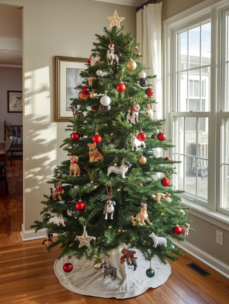 A decorated Christmas tree stands by a window, adorned with red and gold baubles and various dog-themed ornaments. Sunlight streams in, illuminating the tree and the wooden floor.
