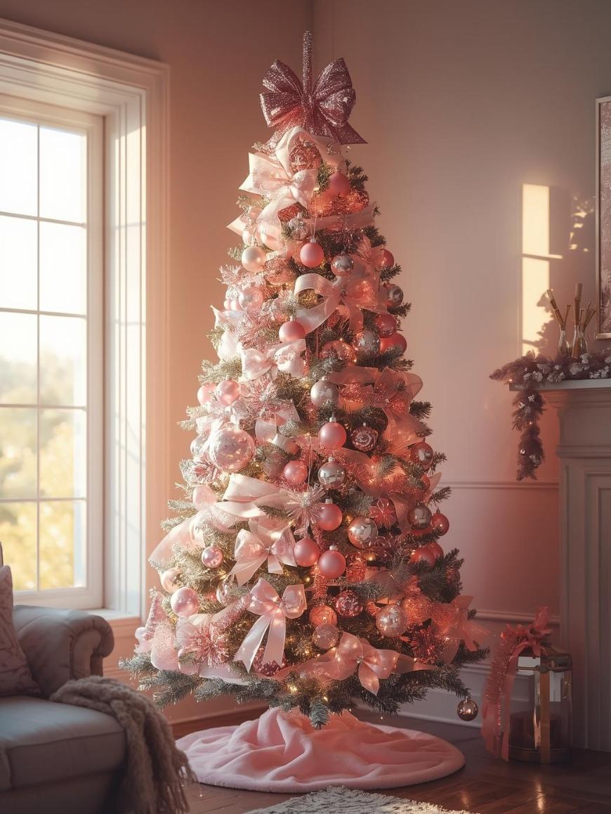A Christmas tree decorated with pink ribbons, ornaments, and twinkling lights stands in a sunlit living room near a window. The tree skirt is pale pink, and wrapped gifts are placed beneath the tree.