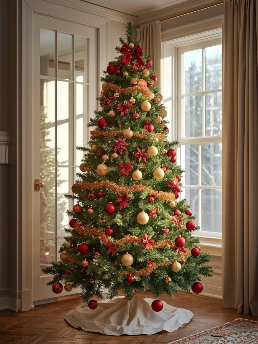 A decorated Christmas tree stands in a sunlit living room by a window, adorned with red and gold ornaments, gold tinsel, and a large red bow on top. A white tree skirt covers the base.