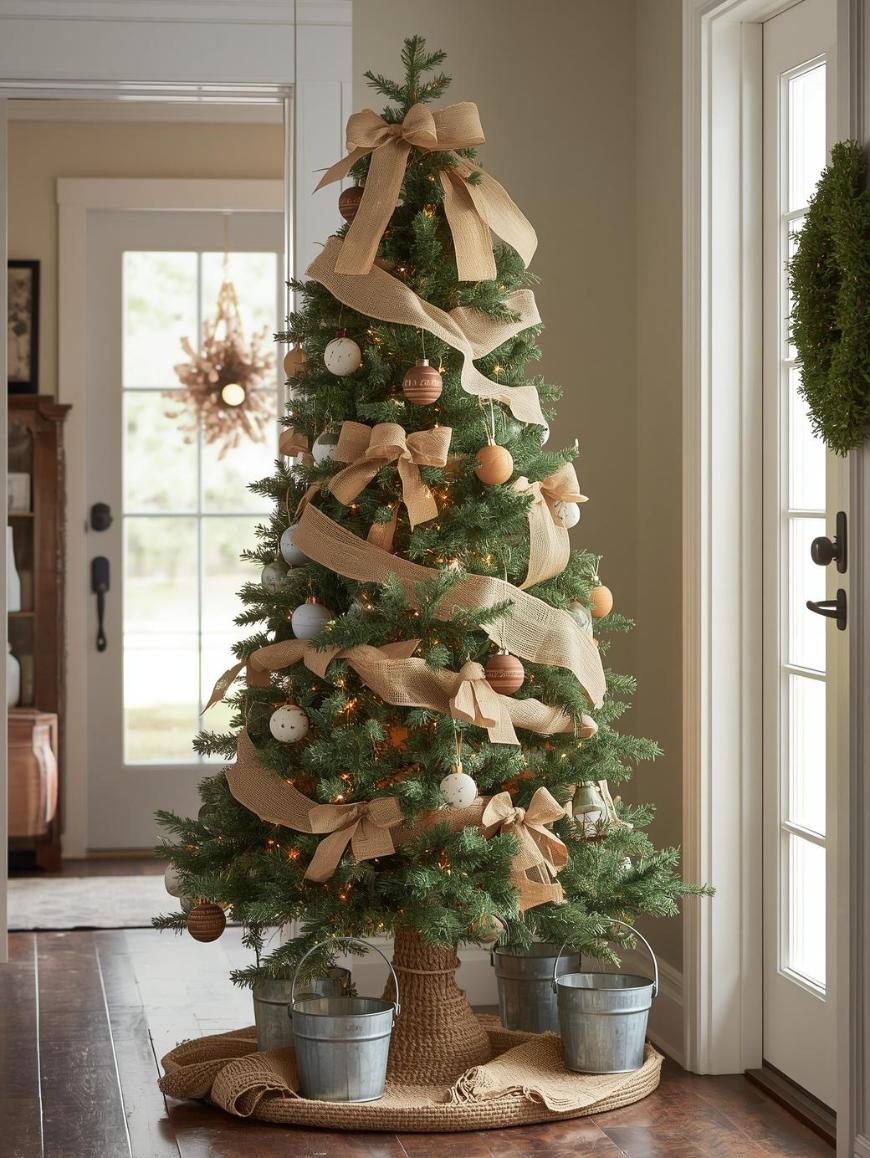 A decorated Christmas tree with burlap ribbon, brown and white ornaments, warm white lights, and two metal buckets at the base stands in a bright room near a glass door.