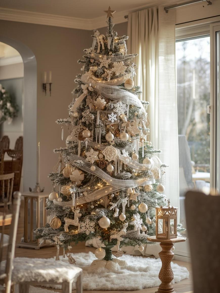 A decorated Christmas tree with white and gold ornaments, ribbons, and lights stands on a fluffy white tree skirt near large windows in a cozy, sunlit living room.