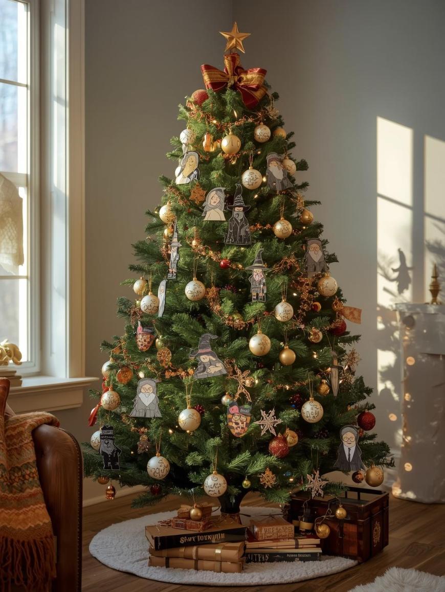 A decorated Christmas tree with Harry Potter-themed ornaments and gold baubles stands in a cozy living room. Wrapped presents and books are arranged at the base, with sunlight streaming through nearby windows.