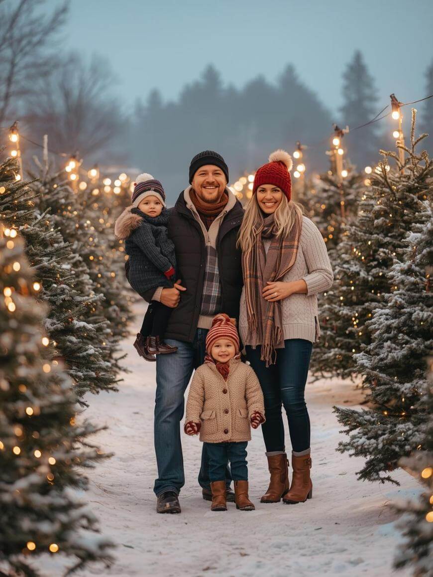A family of four poses outdoors among snow-covered Christmas trees decorated with string lights. The parents and two young children wear winter clothes and smile warmly at the camera.