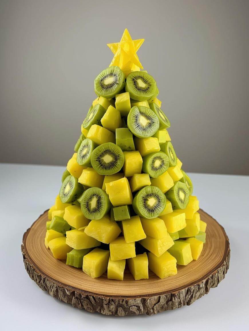 A fruit arrangement shaped like a Christmas tree, made of stacked cubes of mango and kiwi slices, topped with a star-shaped slice of starfruit, displayed on a wooden platter.