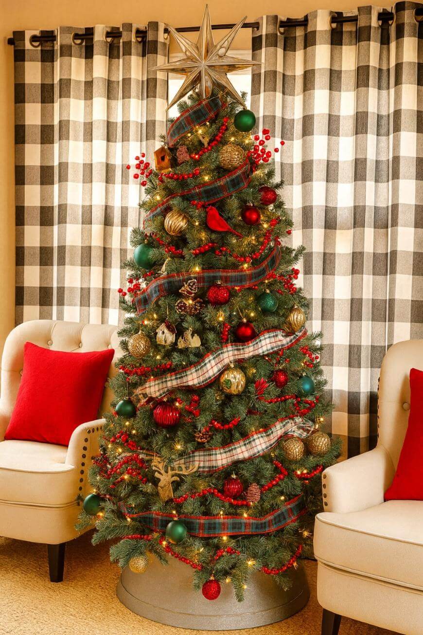 A decorated Christmas tree with plaid ribbon, red and gold ornaments, and a star topper stands between two beige armchairs with red pillows. Black and white checkered curtains hang in the background.