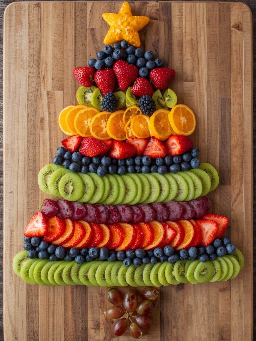 A Christmas tree shape made from assorted sliced fruits, including kiwi, strawberries, oranges, grapes, blueberries, and blackberries, on a wooden board, with a star-shaped fruit at the top for decoration.