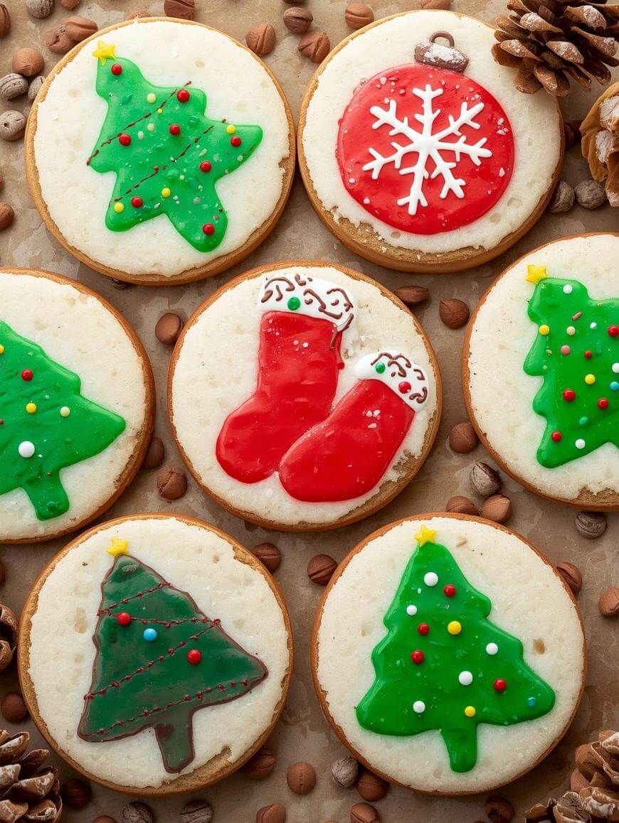 Round sugar cookies decorated with colorful icing shaped like Christmas trees, a red ornament with a white snowflake, and red stockings. Cookies are surrounded by pinecones and chocolate chips.