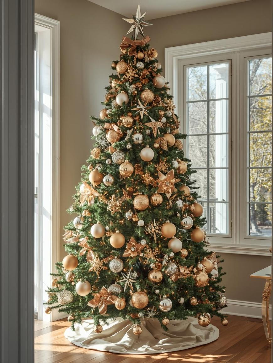 A decorated Christmas tree stands by a window in a sunlit room, adorned with gold and silver ornaments, bows, and a star topper. The tree skirt is white, and natural light fills the space.