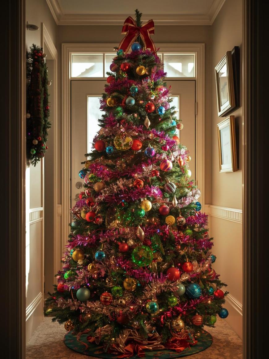 A decorated Christmas tree stands in a hallway, adorned with colorful ornaments, tinsel, lights, and a large red bow on top. Sunlight streams in through a door and windows behind the tree.