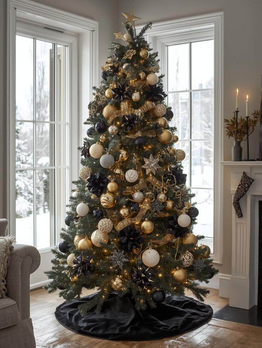 A Christmas tree decorated with gold, black, and white ornaments stands by large windows. Snow is visible outside, and there are candles and stockings on a nearby mantel. The tree sits on a black tree skirt.