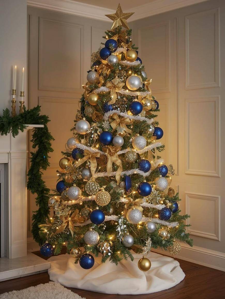 A Christmas tree decorated with gold, blue, and silver ornaments, gold ribbons, and white lights stands on a white tree skirt next to a fireplace with candles and green garland in a cozy, softly lit room.