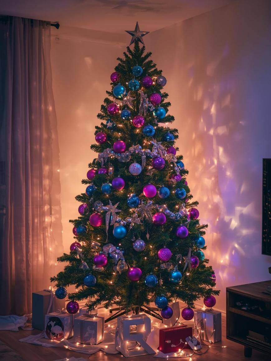 A decorated Christmas tree with blue and pink ornaments, silver garlands, and a star topper stands in a warmly lit room. Wrapped gifts and string lights are arranged at its base. Shadows and lights create a festive atmosphere.