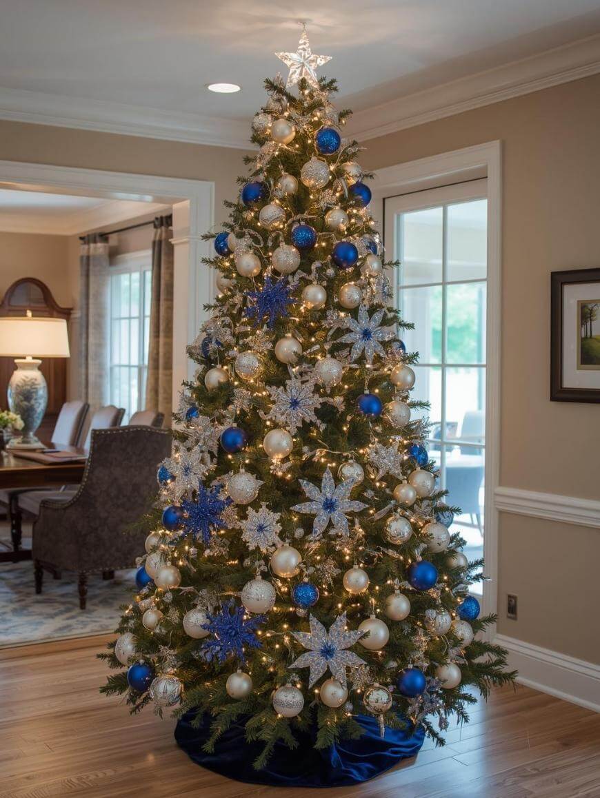 A decorated Christmas tree stands in a bright living room, adorned with blue, white, and gold ornaments, white lights, and snowflake decorations. A star tops the tree and wrapped gifts sit at the base.