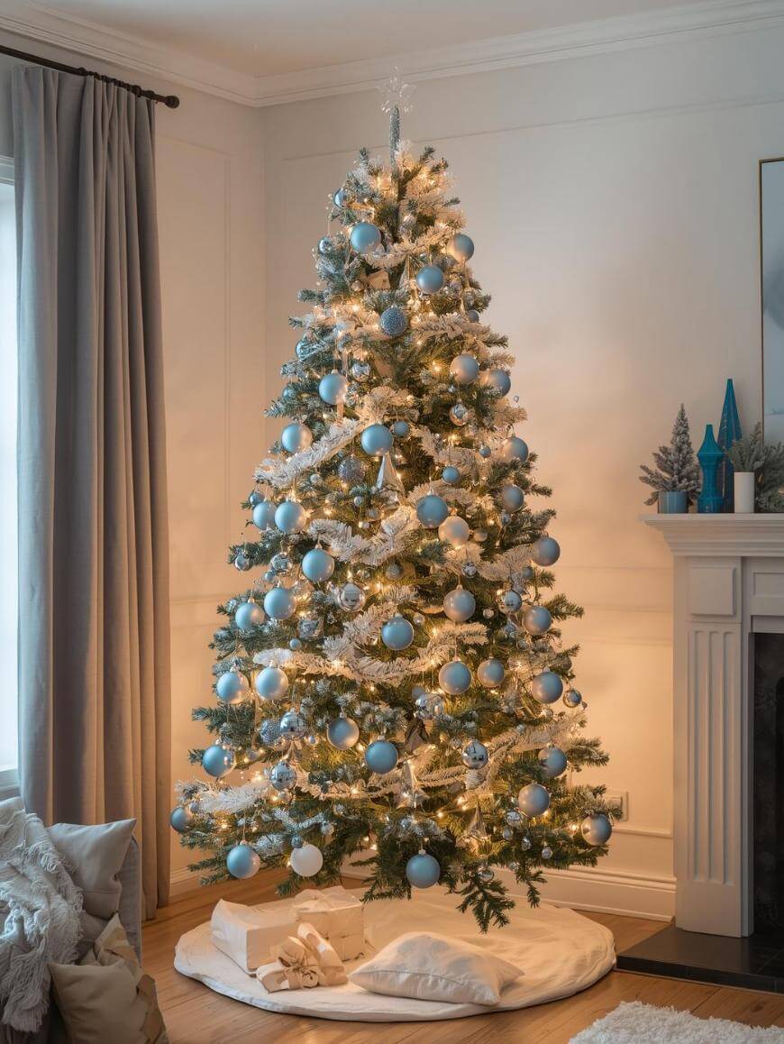 A decorated Christmas tree with white lights and blue ornaments stands in a cozy living room beside a fireplace. Presents wrapped in white paper are placed on a white tree skirt at the base.