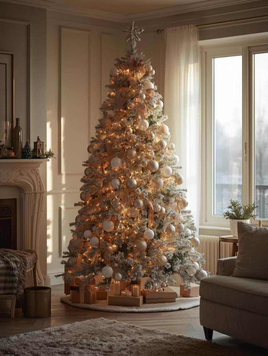 A decorated Christmas tree with white and gold ornaments and warm string lights stands in a cozy living room by a window, surrounded by wrapped gifts. Soft sunlight filters in through sheer curtains.