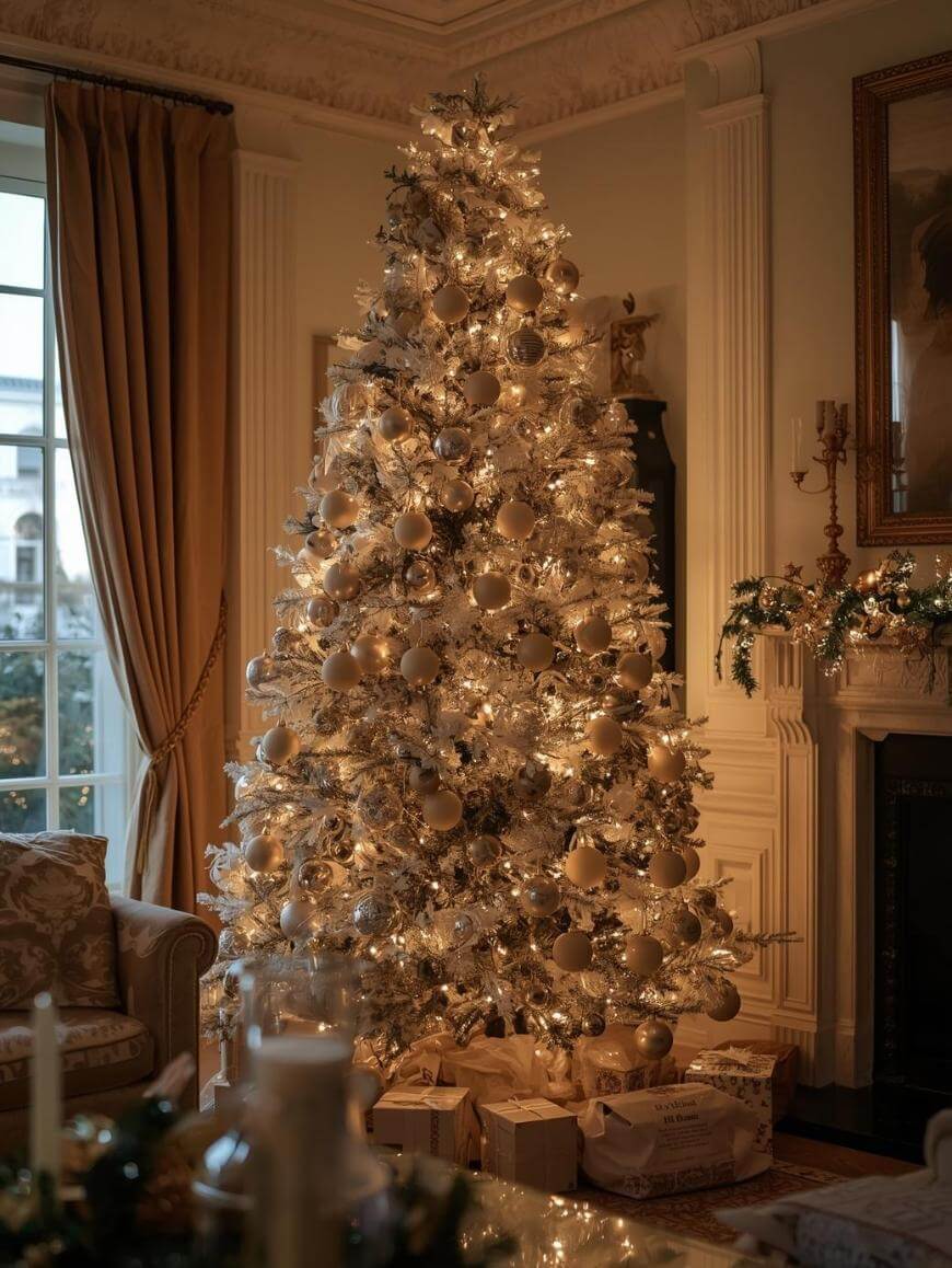 A tall, elegant Christmas tree decorated with white lights and gold ornaments stands in a cozy, warmly lit living room, surrounded by wrapped presents and festive decor near a fireplace and curtained window.