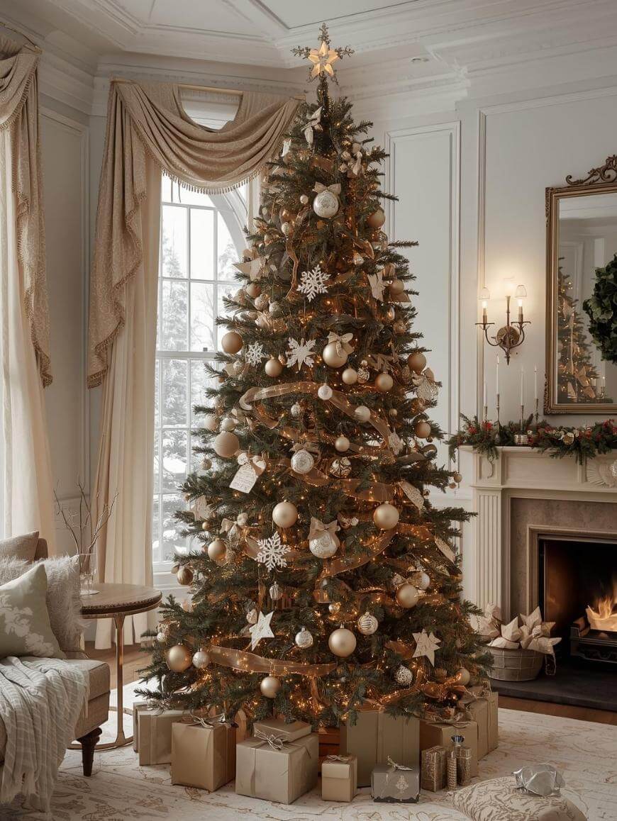 A tall Christmas tree decorated with gold and white ornaments and lights stands in a cozy, elegant living room. Wrapped presents are arranged underneath. A fireplace with candles and a garland is in the background.