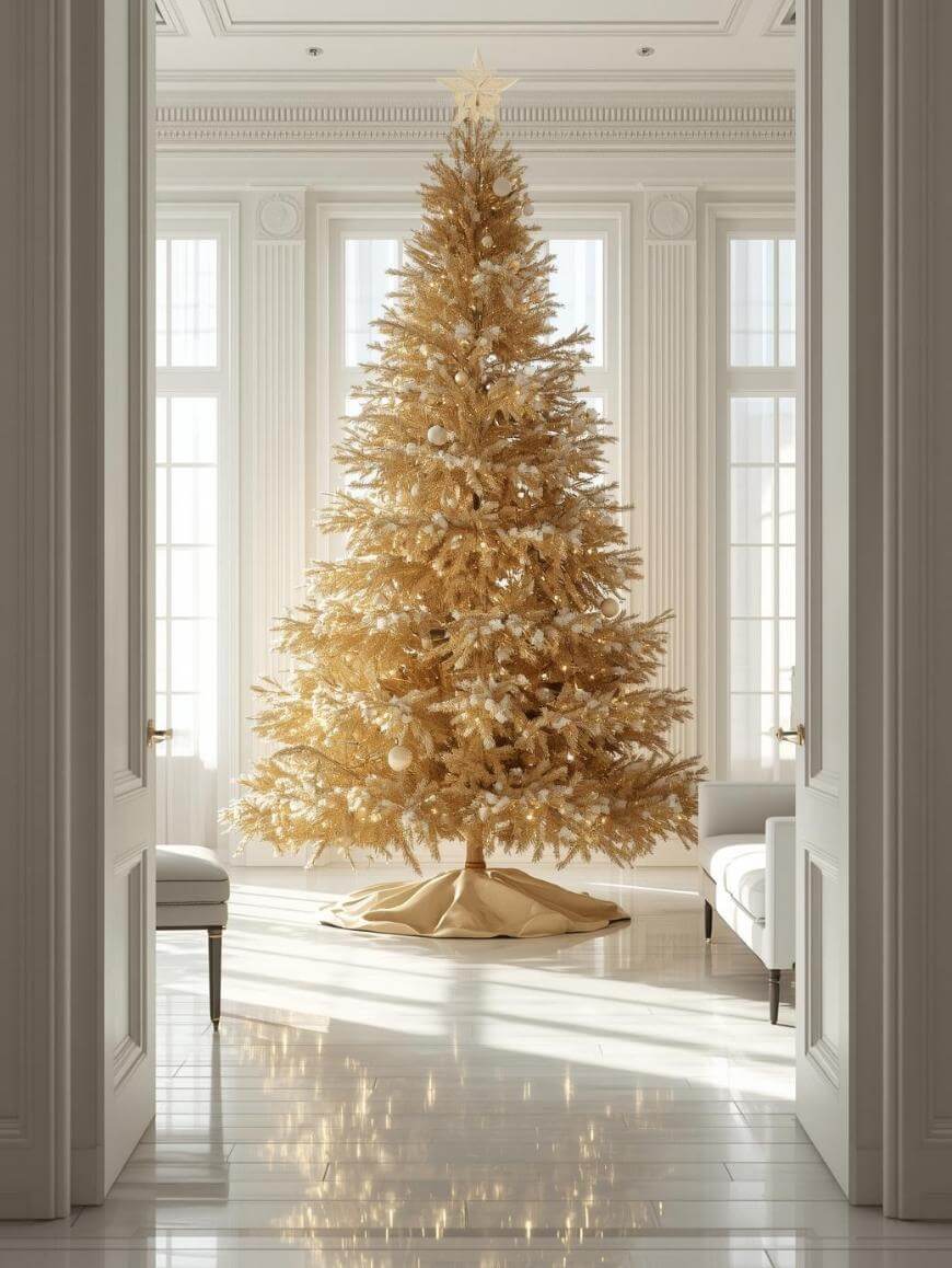 A gold Christmas tree decorated with white ornaments stands in a bright, elegant room with tall windows and white walls, surrounded by white furniture and sunlight streaming in.