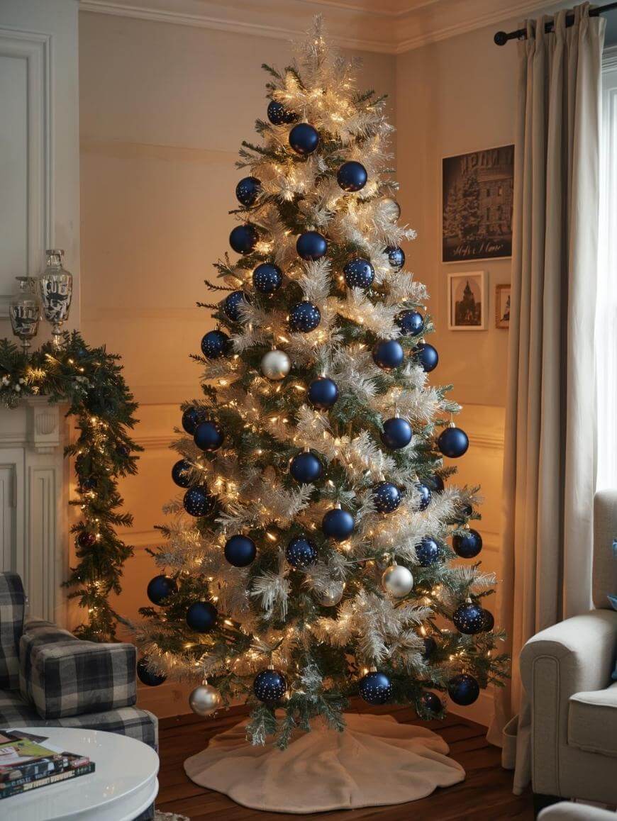 A decorated Christmas tree with white lights, blue and silver ornaments stands in a cozy living room next to a window with curtains, surrounded by furniture and festive greenery.