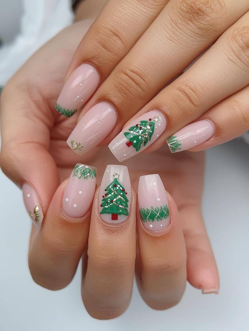 A close-up of hands with long, square-shaped nails painted in a festive Christmas design featuring green Christmas trees, garlands, and white dots on a nude-pink base.