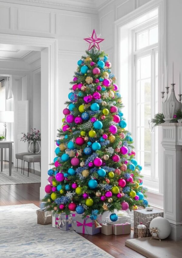 A Christmas tree decorated with bright blue, pink, and green ornaments stands by a window in a white, elegant living room. Several wrapped presents are placed under the tree, and sunlight streams through tall windows.