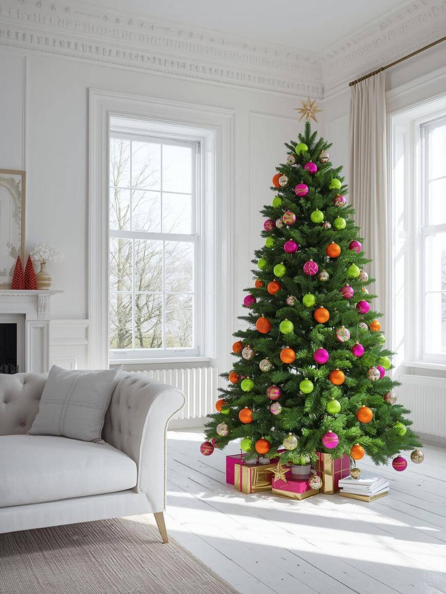 A decorated Christmas tree with colorful ornaments stands beside a window in a bright, elegant living room. Wrapped gifts sit under the tree, and a white sofa is nearby.