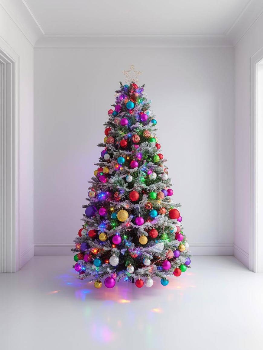 A decorated Christmas tree stands in a bright, white room. The tree is adorned with colorful ornaments and lights, topped with a gold star, and colorful reflections are visible on the shiny white floor.