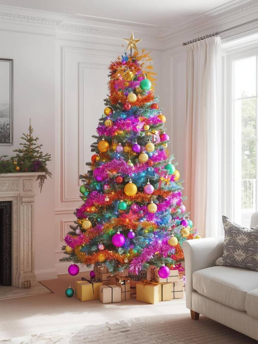 A Christmas tree decorated with colorful tinsel and vibrant ornaments stands in a bright living room, surrounded by wrapped gifts. Sunlight streams in from a large window; a small tree sits on the fireplace mantel nearby.