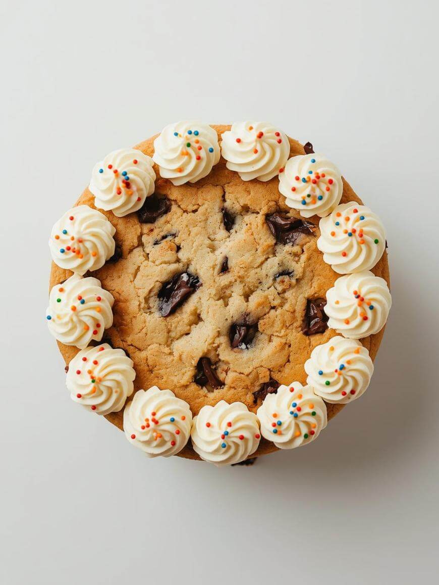 A round chocolate chip cookie cake topped with swirls of white frosting around the edge, each decorated with colorful sprinkles, photographed from above on a white background.