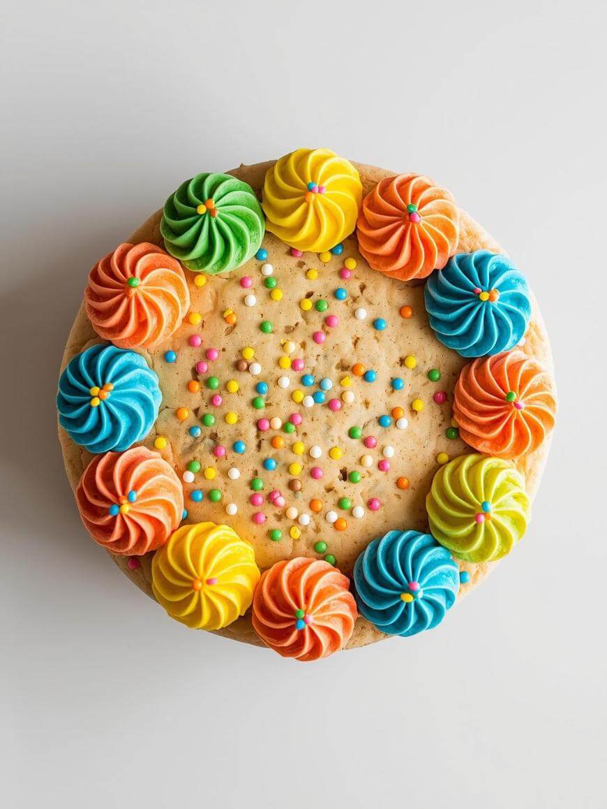 A round cookie cake decorated with colorful swirled frosting dollops in orange, green, yellow, and blue around the edge, and topped with rainbow sprinkles in the center, set on a light background.