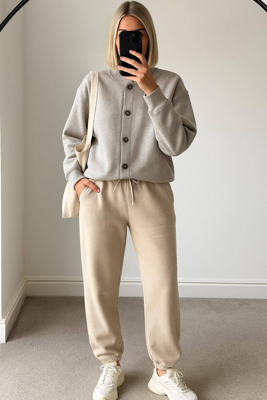 A person wearing a grey button-up sweatshirt, beige jogger pants, white sneakers, and carrying a beige shoulder bag stands indoors, taking a mirror selfie. Their hair is chin-length and straight.