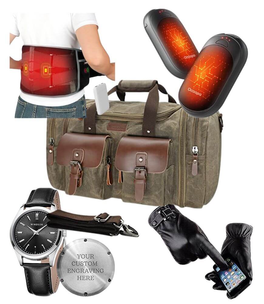 A collage shows: a heated back belt on a person, two black touchscreen gloves in use with a phone, a brown duffel bag, a black leather strap watch with engraving, and two black wearable devices with red lights.