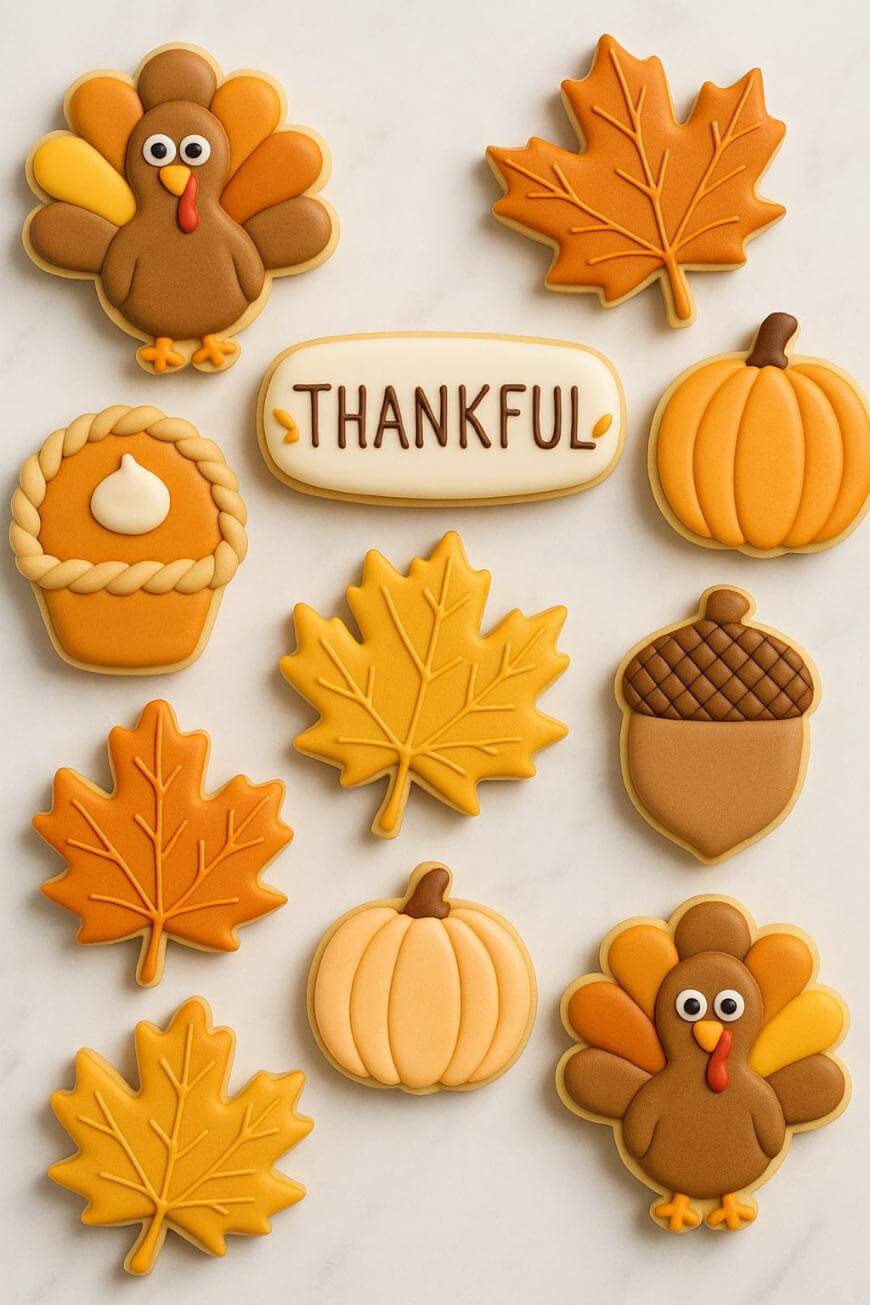 A variety of decorated fall-themed sugar cookies, including turkeys, pumpkins, leaves, an acorn, a mini pie, and one oval cookie with the word THANKFUL written on it, arranged on a white surface.