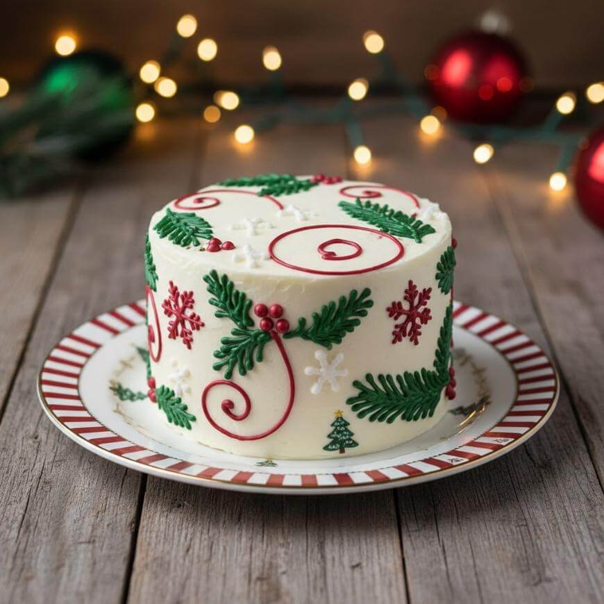 A small round cake decorated with red, green, and white holiday patterns, including holly, pine branches, and snowflakes, sits on a festive plate. In the background, Christmas ornaments and string lights are blurred.