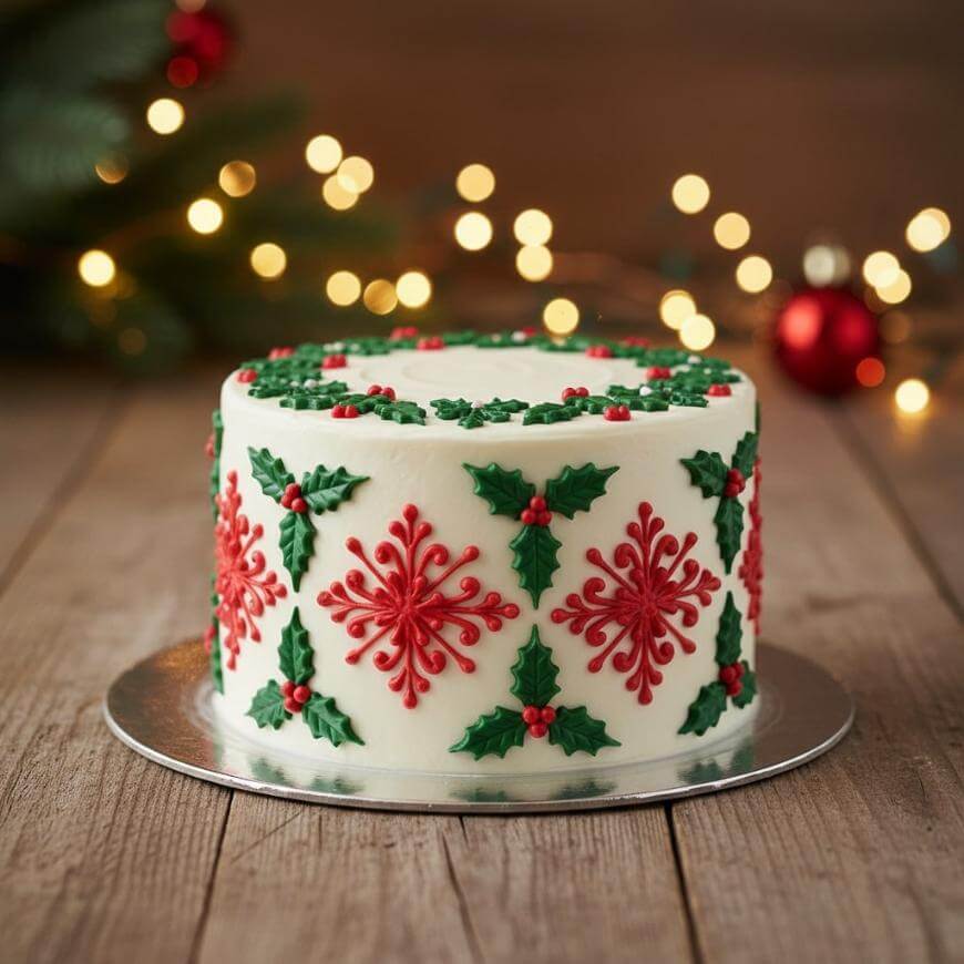A festive cake decorated with red and green icing in holly and snowflake patterns, set on a wooden table with blurred Christmas lights and ornaments in the background.
