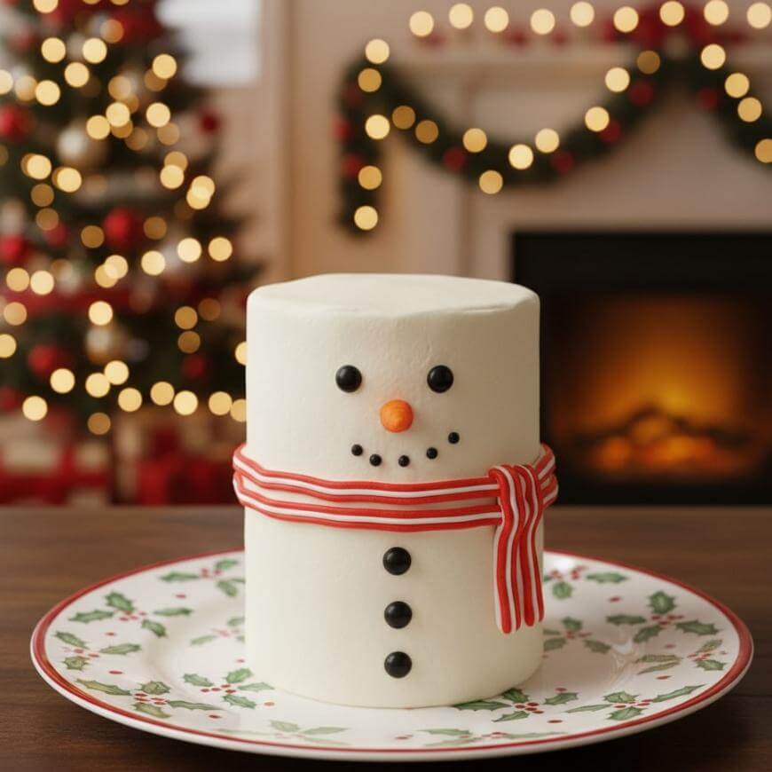 A marshmallow decorated as a snowman with candy buttons, a red-striped scarf, and a small orange nose sits on a festive plate. A Christmas tree and a fireplace with glowing lights are in the background.