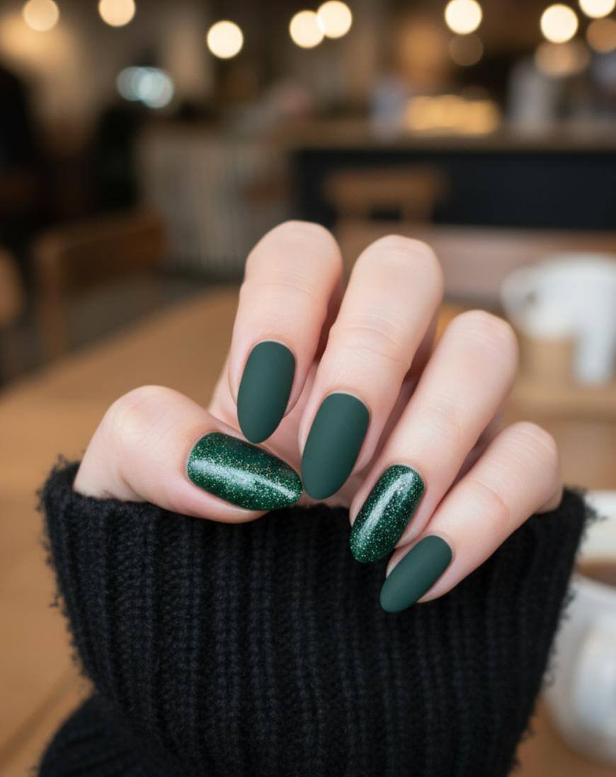 A hand with matte dark green and sparkly green nail polish, resting on a table. The person is wearing a black sweater, and the background is softly blurred with warm lights.
